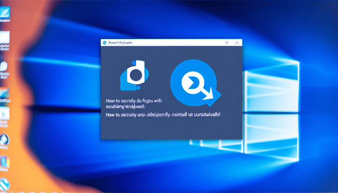 alt_text: Windows 10 screen with PowerShell logo and uninstall icon, showing tutorial on safe removal.