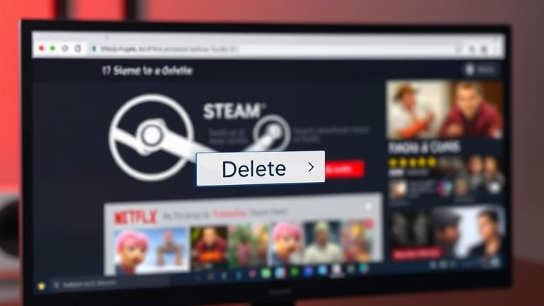 alt_text: Computer screen shows Steam logo and delete button over blurred profile, symbolizing account removal.