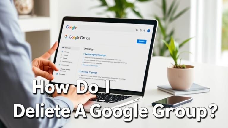 alt_text: Person manages Google Groups on a laptop in a modern workspace with notepad and coffee.