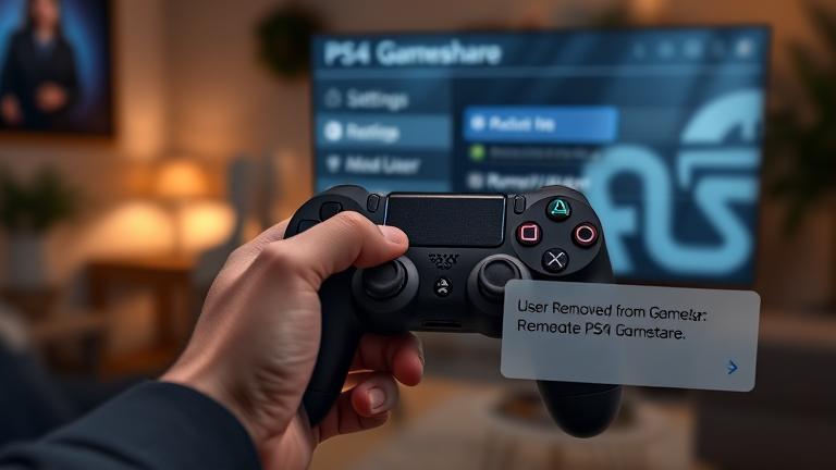 alt_text: PS4 controller with settings menu and "User Removed" notification, highlighting Gameshare removal.