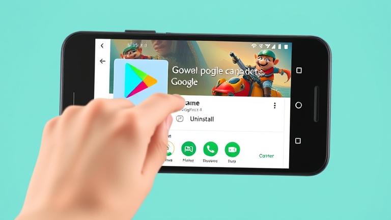 alt_text: Smartphone screen showing Google Play Store, tapping "Uninstall" to delete a game.
