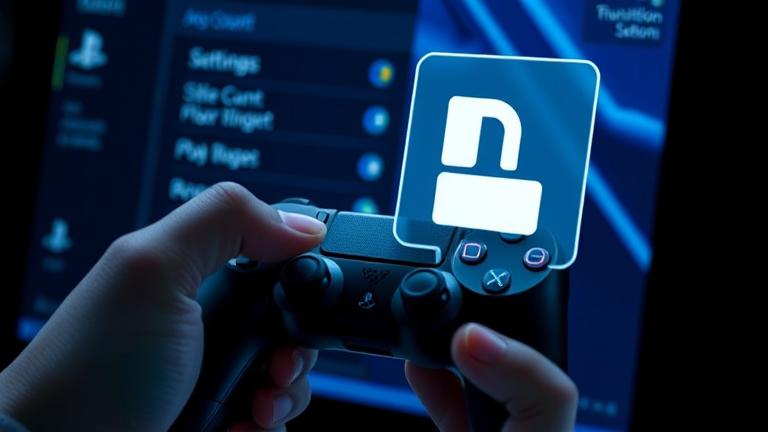 alt_text: Hand holding a PlayStation controller with a delete icon and account settings overlay.