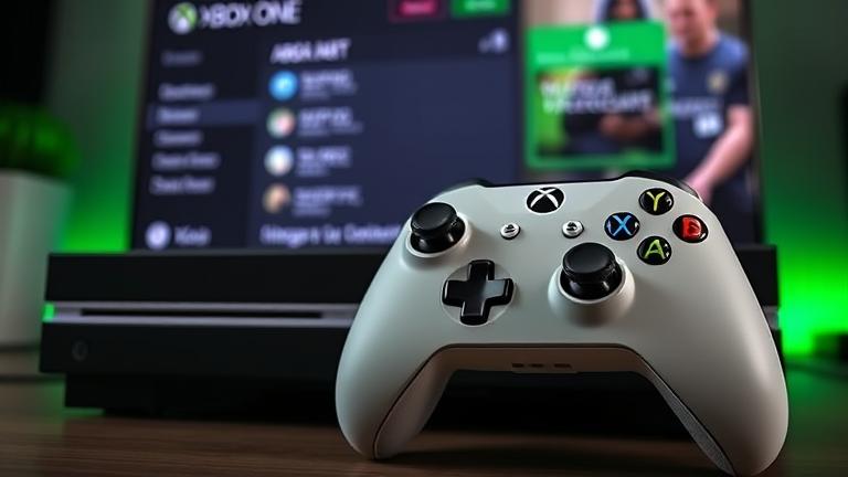 alt_text: Xbox controller with console and screen showing account settings, guiding EA account change.