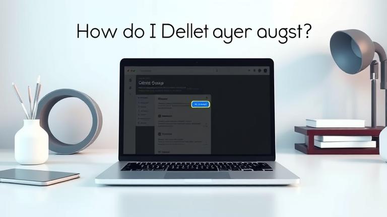 alt_text: Modern workspace with a laptop displaying Google Groups; focus on "Delete Group" option.