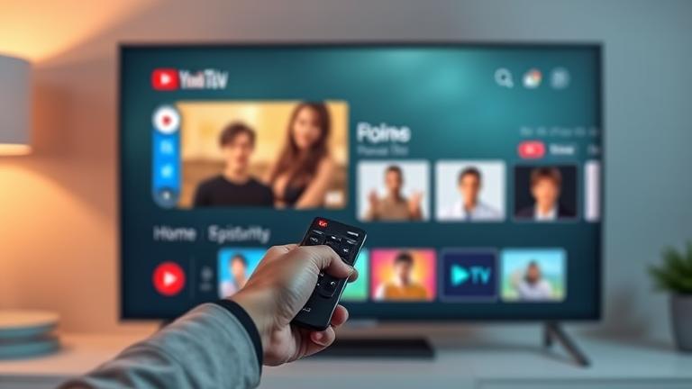 alt_text: Hand pointing at YouTube TV on screen with delete icons, sleek setup, warm lighting.