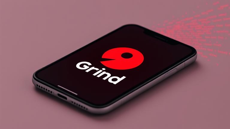 alt_text: Smartphone with Grindr app, trash icon, and fading data stream symbolizing data deletion.