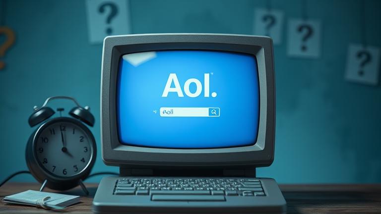 alt_text: Vintage screen shows AOL login with loading icon, clock, and fading logo, symbolizing uncertainty.