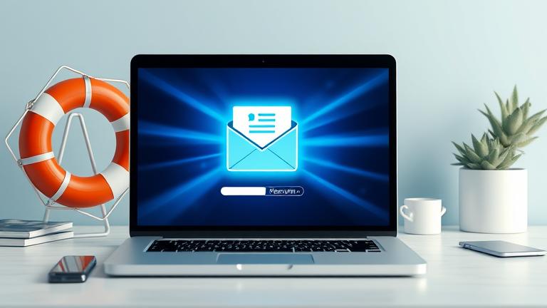 alt_text: Recover deleted emails with a hopeful, professional image featuring recovery icons and data aid.