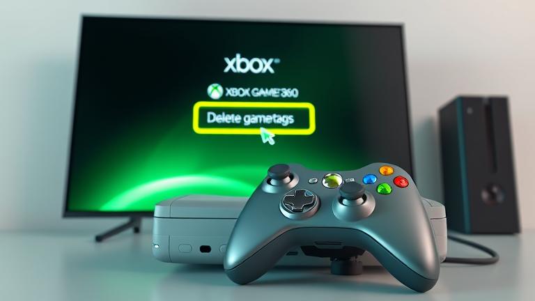 alt_text: Xbox 360 with dashboard screen showing gamertag deletion highlighted clearly.