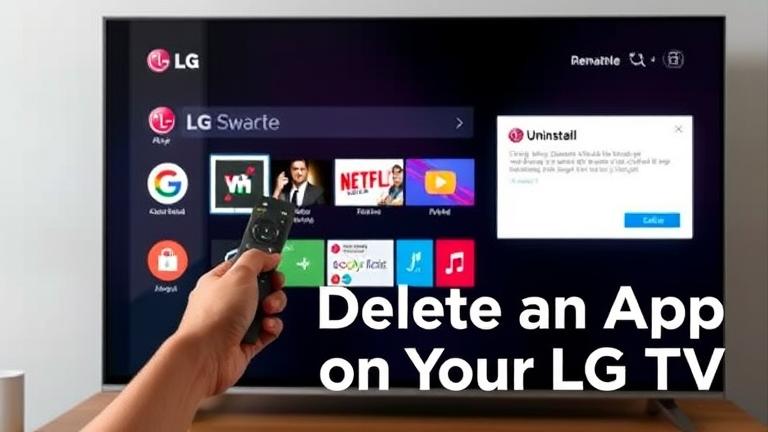 alt_text: LG Smart TV screen shows app delete option; remote points to confirm, clear steps.