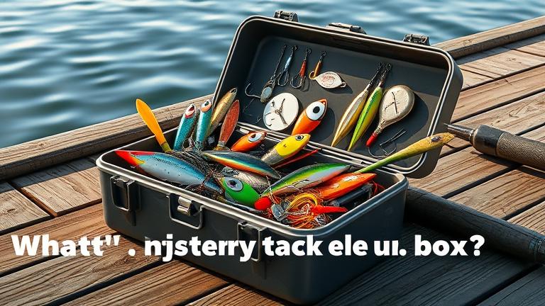 alt_text: A tackle box on a dock with colorful lures, gear, and lake background, inviting curiosity.
