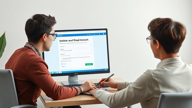 alt_text: Person at a laptop with email deletion screen, in a clean, professional workspace.