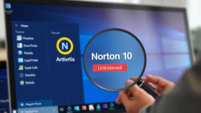 alt_text: Windows 10 desktop with Norton icon, magnifying glass, and uninstall hints for removal.