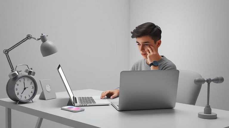 alt_text: Person at desk with laptop on Instagram delete page, smartphone nearby, clock shows time passing.