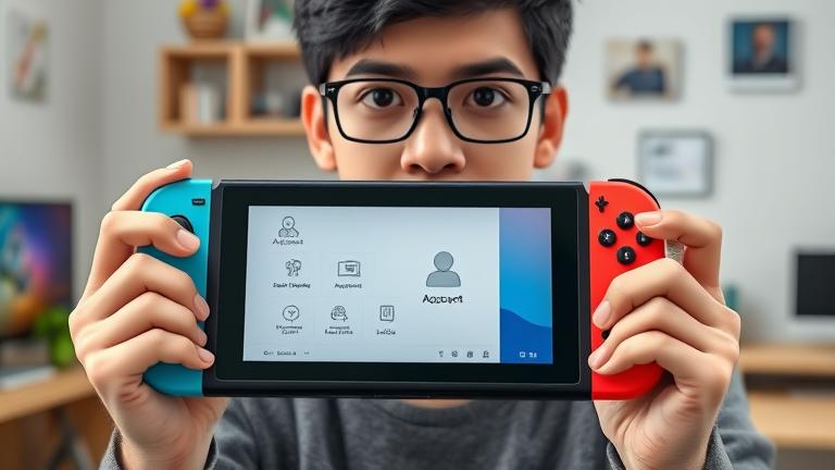 alt_text: Person holding a Switch, showing account menu with deletion options in a clean gaming setup.
