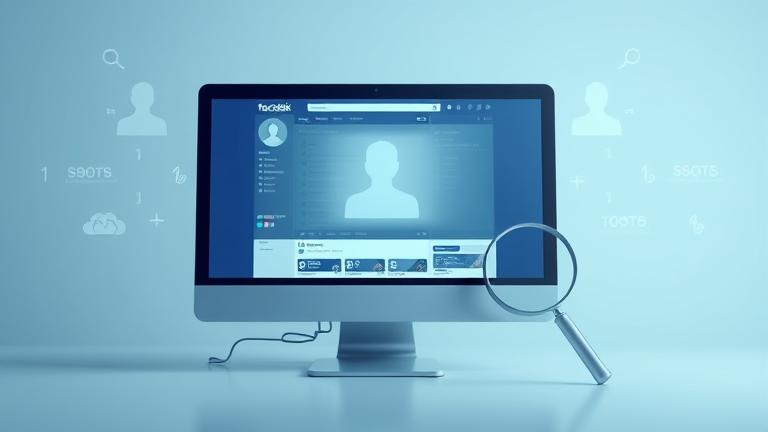 alt_text: Computer shows a deleted Facebook profile with search icons and code, symbolizing account recovery.