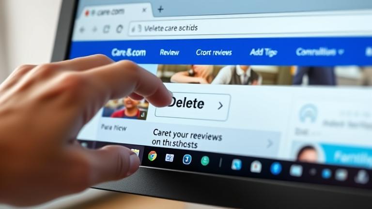 alt_text: User hovers over "Delete" on care.com review, emphasizing review management.