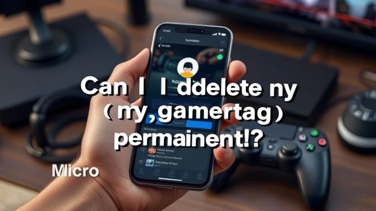 alt_text: Hand holding phone with gaming profile, asking about permanent gamertag deletion.