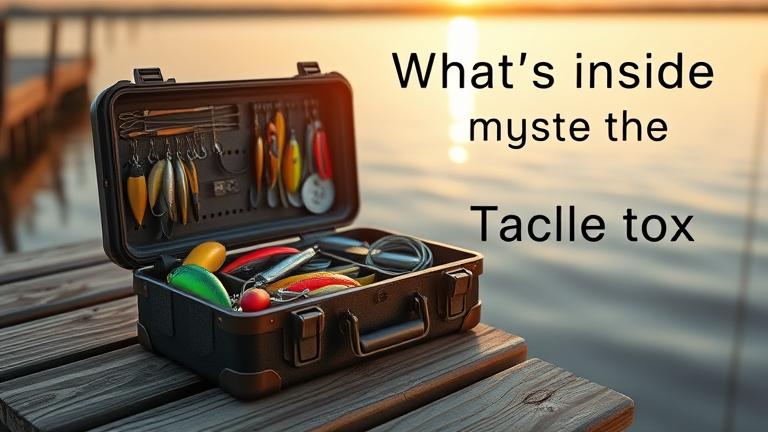 alt_text: Rugged tackle box open on dock, glowing with fishing gear, lake background at golden hour.