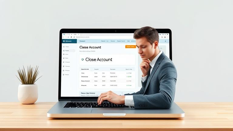 alt_text: Person confidently managing their online account on a modern device, near "Close Account".