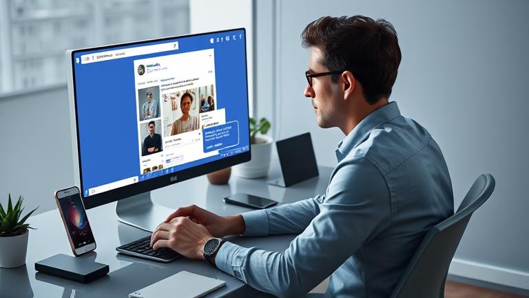 alt_text: Person at modern desk viewing Facebook’s recovered deleted posts with phone nearby.