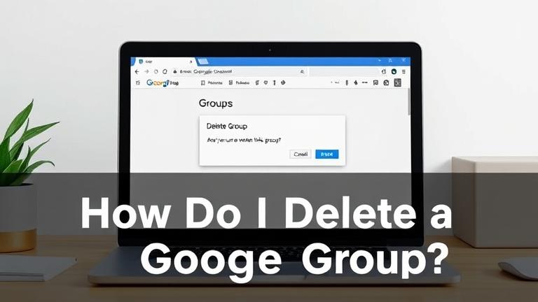 Laptop screen shows Google Groups delete option with confirmation dialog, vibrant Google colors.