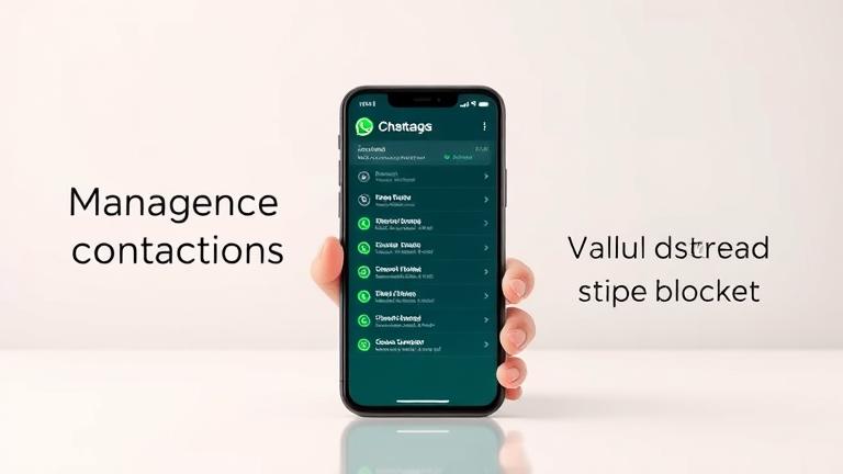 alt_text: Smartphone screen shows WhatsApp contacts management with tap cues, sleek background.