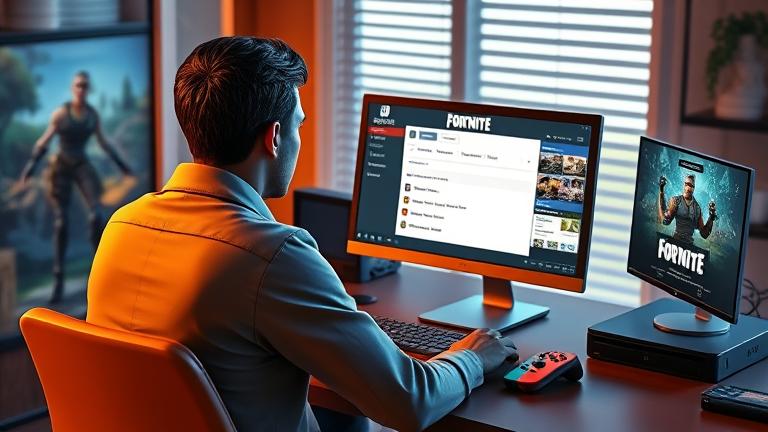 alt_text: Person managing Nintendo Fortnite account at desk with Switch, game graphics, and settings.