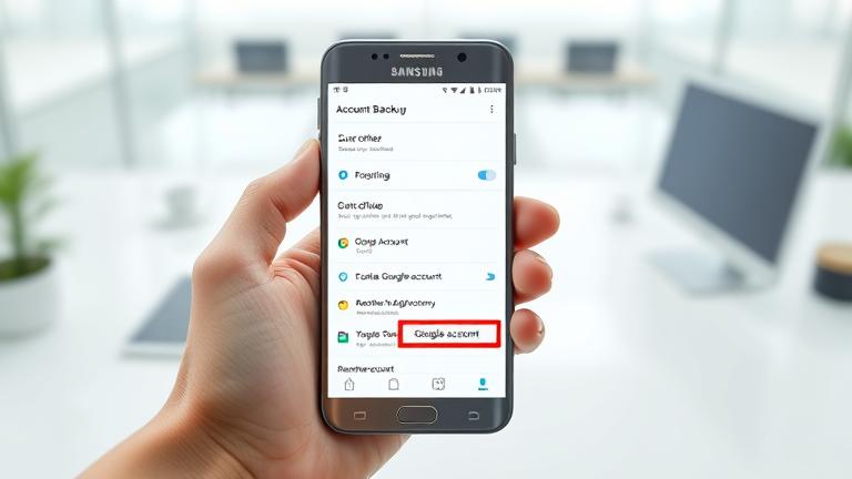 alt_text: Person holding Samsung Galaxy J6 Plus, showing 'Account & Backup' settings in a tech environment.