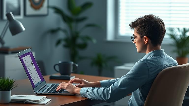 alt_text: Person managing Yahoo inbox at desk, feeling relieved or contemplative about email cleanup.