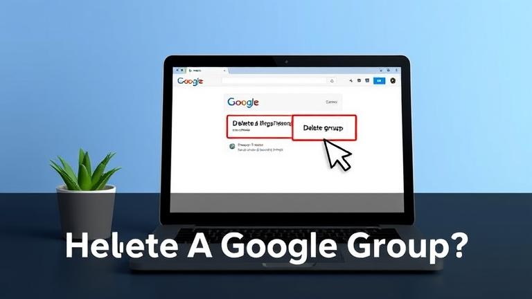 alt_text: Laptop screen showing Google Groups deletion process with cursor, trash icon, and title.