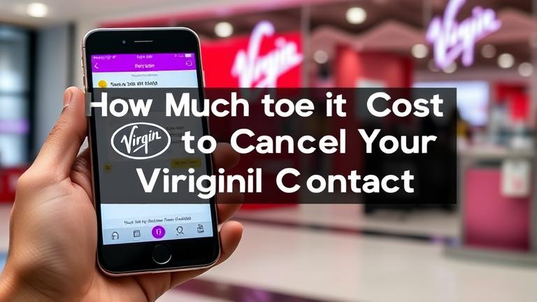 alt_text: Close-up of a person with a smartphone showing a Virgin Mobile cancellation question, with store in background.
