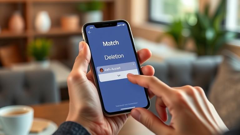 alt_text: Person managing or deleting their Match account on smartphone in cozy setting.