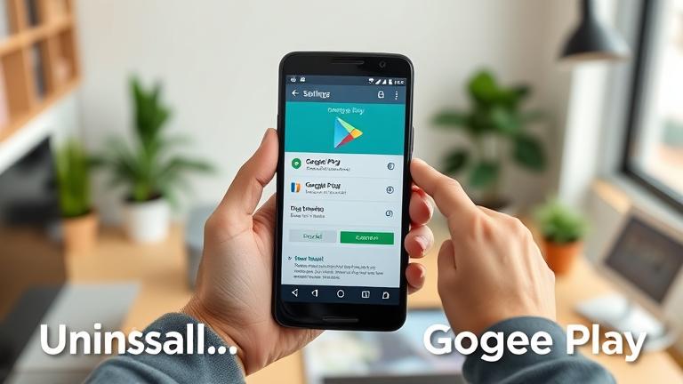 alt_text: Person managing Android settings, uninstalling Google Play Store in a modern tech workspace.