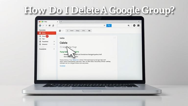 Computer screen showing Google Groups delete process with a "Delete" button highlighted.