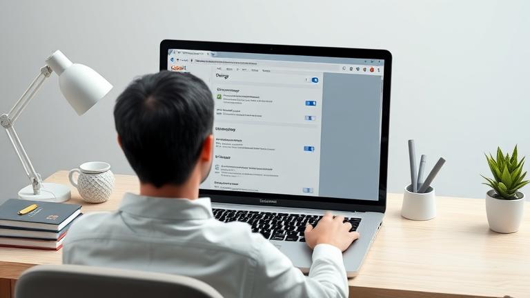alt_text: Person managing Google account settings at a tidy desk with browser and Google logo.