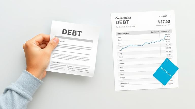 alt_text: Person tearing debt notice, with advisor and positive credit report, symbolizing financial relief.