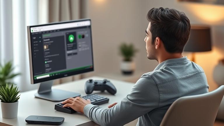 alt_text: Person at desk managing Xbox account settings in a cozy home gaming setup.