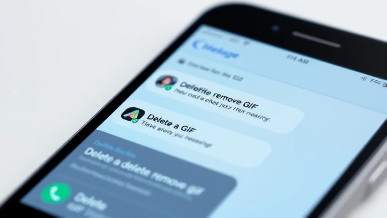 alt_text: iPhone screen with GIF message, delete option visible, blurred background, modern look.