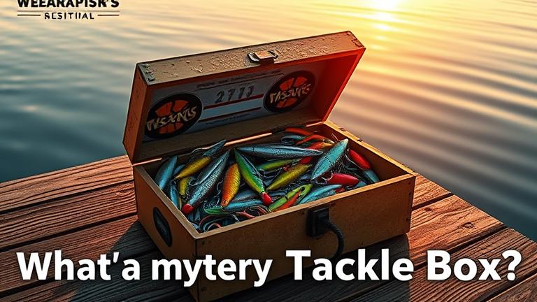 alt_text: Open tackle box spilling colorful lures on a sunrise dock, reflections and water droplets.