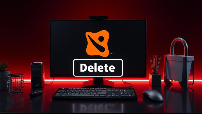 alt_text: Modern gaming setup with Dota 2 logo, delete button, trash bin, symbolizing permanent removal.