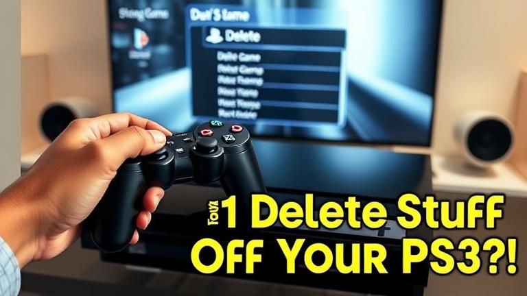 alt_text: PS3 setup with controller, TV showing delete options, and text: "How Do You Delete Stuff Off Your PS3?"