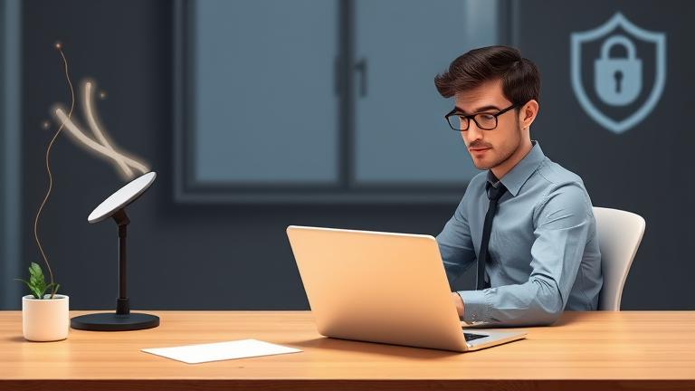Alt_text: Person at desk managing Google data, with privacy icons and a secure background.