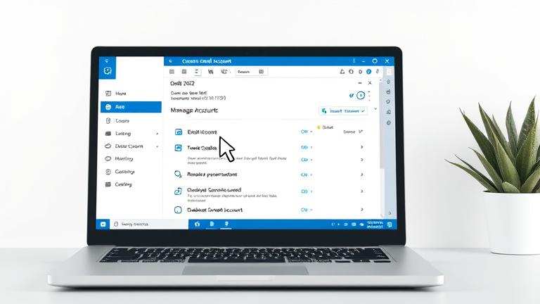 alt_text: Laptop with Outlook 2022, cursor deleting an email account in settings.