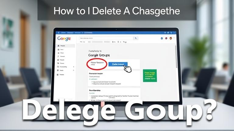 alt_text: Laptop screen shows Google Groups interface with "Delete Group" highlighted, user cursor hovering.
