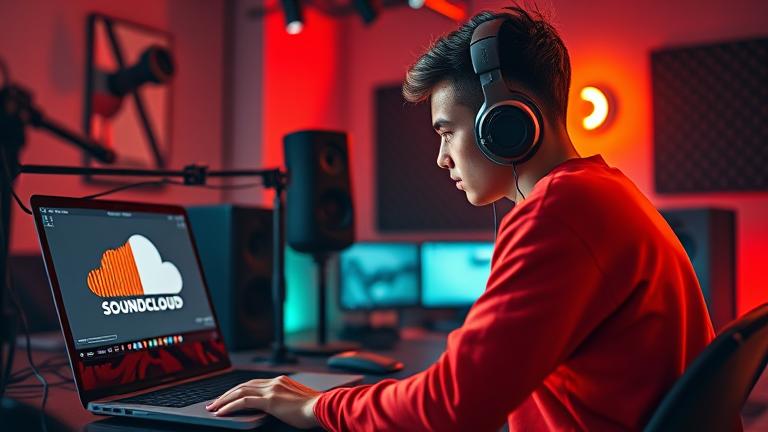 alt_text: Young artist recording in studio with SoundCloud logo, symbolizing influence on music and artists.