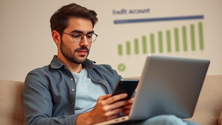 alt_text: Person managing credit info on device with credit report graphics in the background.