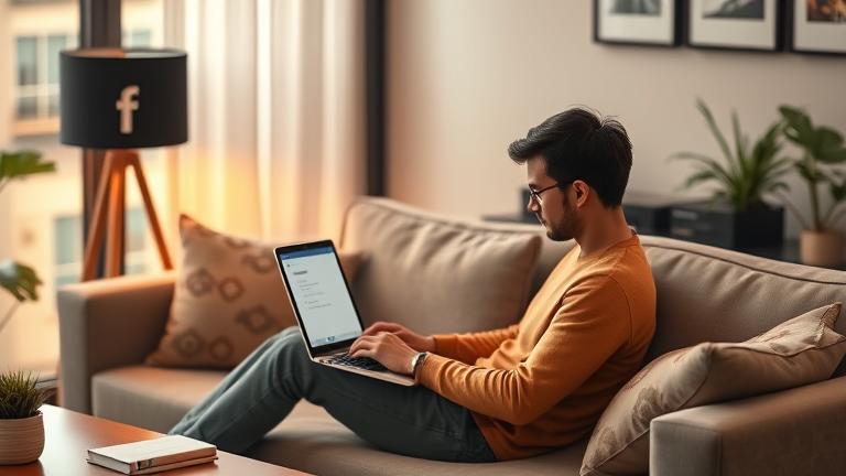 alt_text: Person managing social media accounts on laptop with notifications in cozy, modern space.