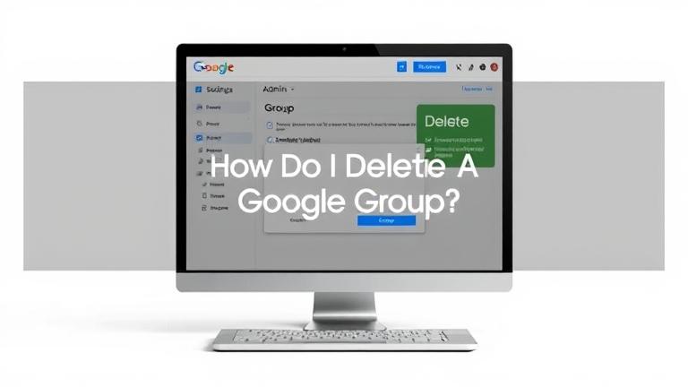 alt_text: Laptop screen showing Google Groups admin panel with delete confirmation dialog.