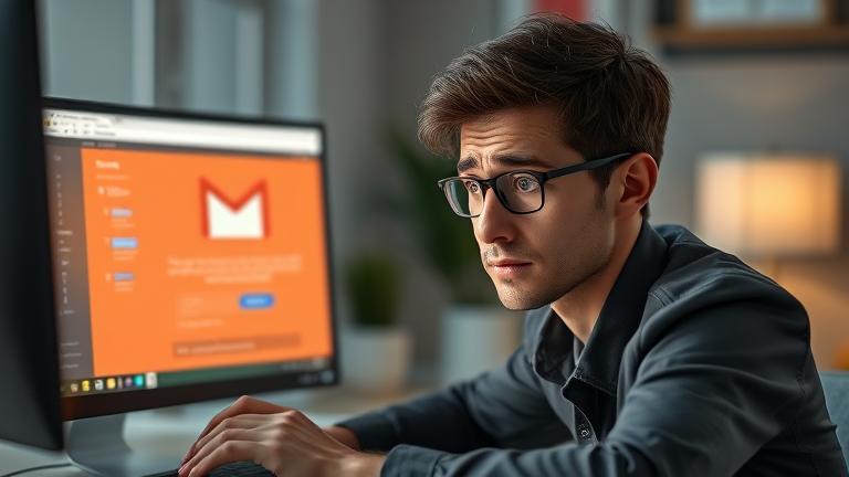 Concerned person views Gmail inbox about account inactivity; subtle email-themed background.